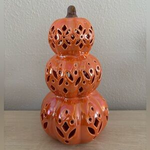 Orange Glazed Ceramic Iridescent Pumpkin Fall Thanksgiving Decor Halloween Light